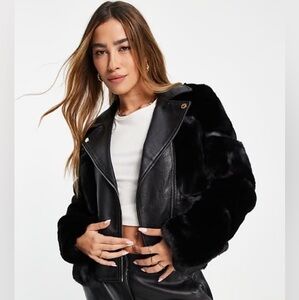 River Island Faux Fur + Vegan Leather Moto Jacket size 18
